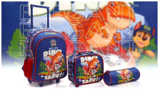 صورة طقم حقائب مدرسية باو باترول (Paw Patrol - Dino Rescue) للأطفال - 3 قطع (حقيبة جر، حقيبة طعام، مقلمة)