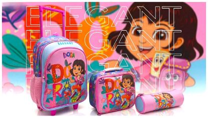 صورة طقم حقائب مدرسية دورا المستكشفة (Dora the Explorer) للبنات - 3 قطع (حقيبة جر، حقيبة طعام، مقلمة)