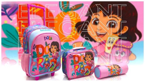 صورة طقم حقائب مدرسية دورا المستكشفة (Dora the Explorer) للبنات - 3 قطع (حقيبة جر، حقيبة طعام، مقلمة)