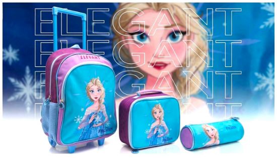 صورة طقم حقائب مدرسية ديزني فروزن (Disney Frozen - Elsa) للبنات - 3 قطع (حقيبة جر، حقيبة طعام، مقلمة)