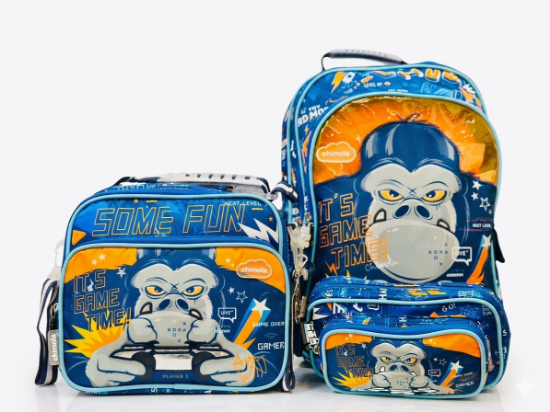 صورة طقم حقائب مدرسية للأطفال بتصميم غوريلا الجيمر من شينولا (Chinola Gamer Gorilla Set) - 3 قطع (حقيبة ظهر، حقيبة طعام، مقلمة)