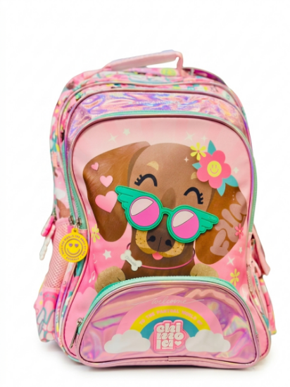 صورة حقيبة ظهر مدرسية للبنات بتصميم جرو الكلب والنظارة السحرية من شينولا (Chinola Cute Puppy Pink Backpack)