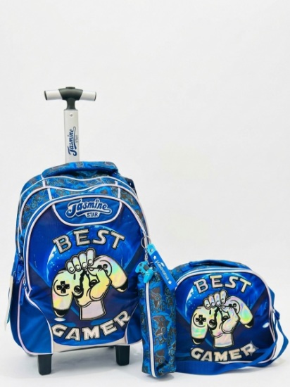 صورة طقم حقائب مدرسية بعجلات للأولاد بتصميم الجيمرز (Best Gamer) - 3 قطع (حقيبة جر ترولي، حقيبة طعام، مقلمة مع ميدالية وشريط)